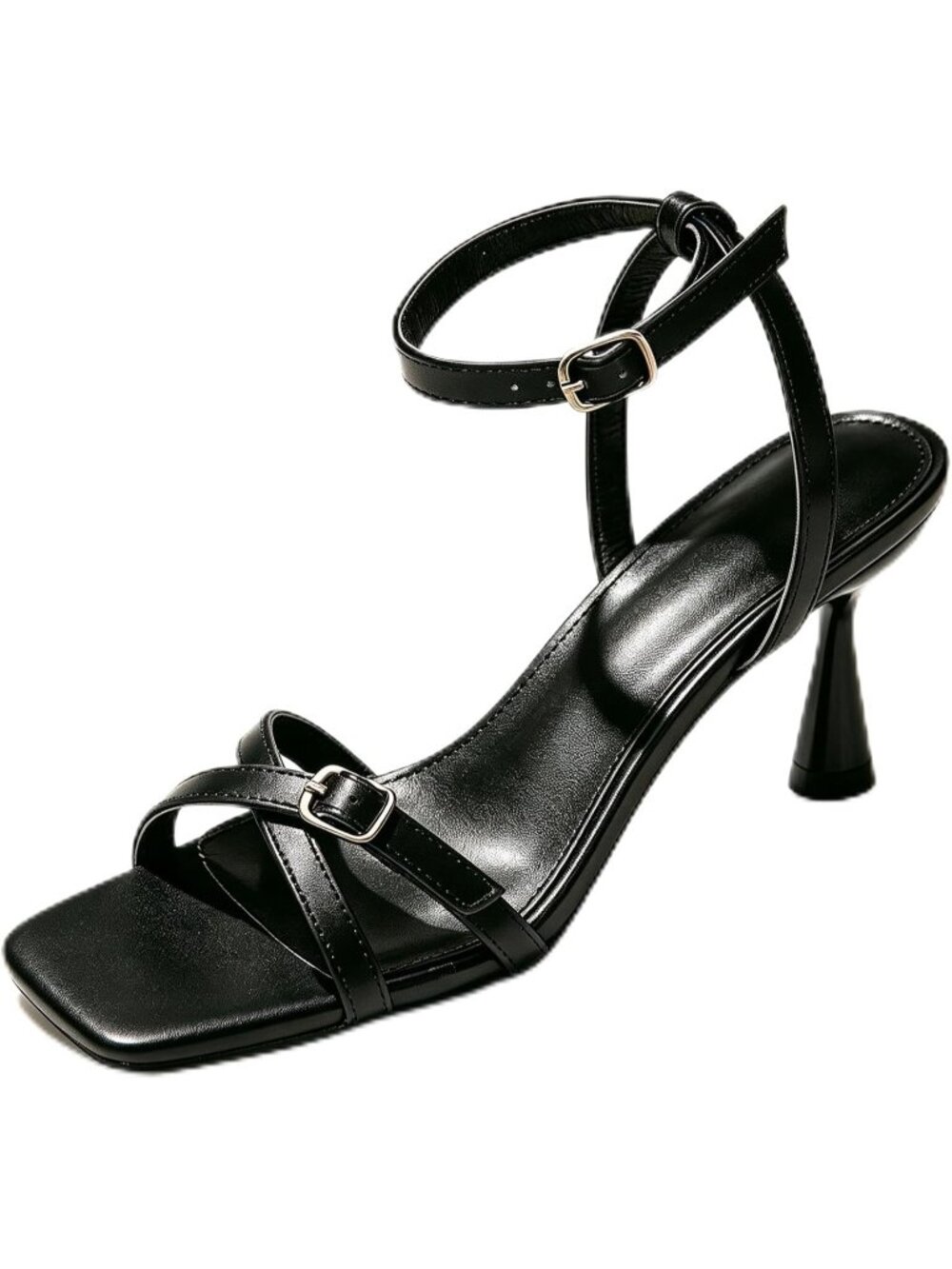 Women's Black Square Toe Heeled Sandals Adjustable Ankle Strap Dress Sandals